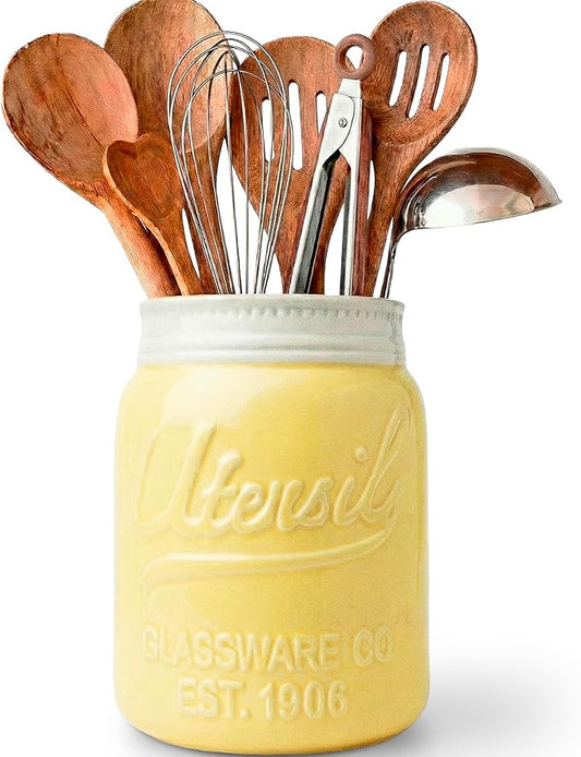 Comfify Wide Mouth Mason Jar Utensil Holder Decorative Kitchenware Organizer Crock, Dishwasher Safe - Kitchen Caddy Green, Large Size 7" High - Yellow by Comfify