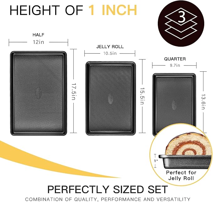 Cookie Sheets for Baking Nonstick - HONGBAKE Baking Sheet Pan Set of 3, Half/Quarter/Jelly Roll Pan for Oven with Diamond Texture Pattern, 57% Thicker Carbon Steel Cookie Trays, Dark Grey - Image 5