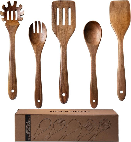 5-Piece Kitchen & Cooking Utensils Set - Natural Acacia Wood Material Includes Salad Spoons, Spaghetti Spoon, Salad Fork, Flat Spatula,Slotted Spatula- Essential Wooden Utensil Set for Cooking