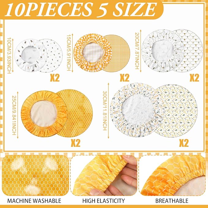 Patelai 10 Pcs Bowl Covers Reusable in 5 Size Stretch Cloth Fabric Elastic Food Storage Bowl Covers Bread Sourdough Lids for Proofing Food Fruits Leftover (Yellow, White,Bee Style) - Image 3