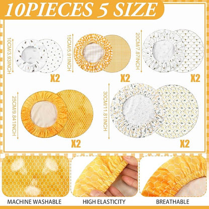 Patelai 10 Pcs Bowl Covers Reusable in 5 Size Stretch Cloth Fabric Elastic Food Storage Bowl Covers Bread Sourdough Lids for Proofing Food Fruits Leftover (Yellow, White,Bee Style) - Image 3