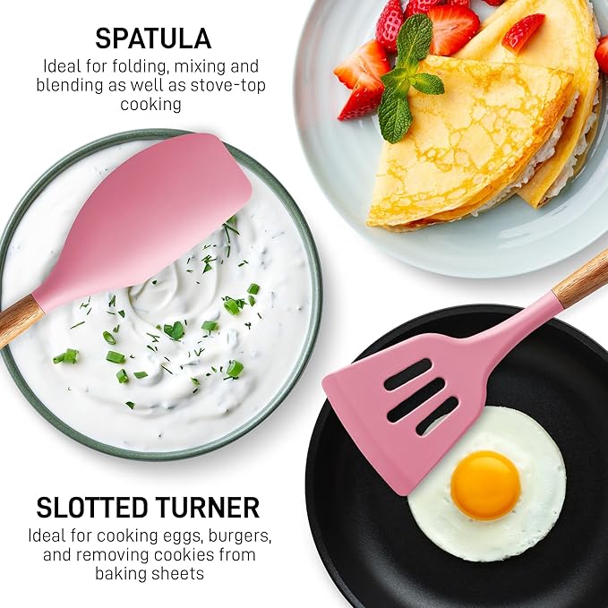 Zulay Kitchen Non-Stick Cooking Utensils Set with Authentic Acacia Wood Handles – 5-Piece Durable & Stylish Silicone Kitchen Utensils Set – Heat Resistant to 464°F – Pink - Image 5