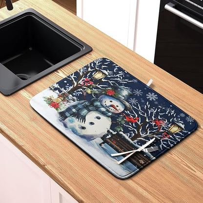 Winter Snowman Dish Drying Mat for Kitchen Counter 16x18, Xmas Snowflakes Dish Drainer Mat Snowy Night Drying Kitchen Mats Cardinal Birld Dish Pad Absorbent Reversible Coffee Mats for Dishes - Image 6
