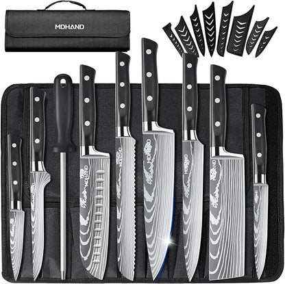 MDHAND Chef Knife Set with Roll Bag, 9PCS Professional Knife Set with Sharpener, High Carbon Stainless Steel Japanese Kitchen Knife Set - Forged Triple Rivet Handle, Dishwasher Safe, Chef Gifts, Black