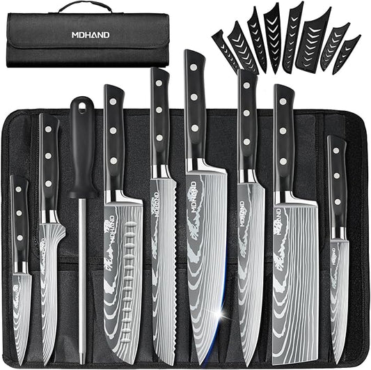 MDHAND Chef Knife Set with Roll Bag, 9PCS Professional Knife Set with Sharpener, High Carbon Stainless Steel Japanese Kitchen Knife Set - Forged Triple Rivet Handle, Dishwasher Safe, Chef Gifts, Black