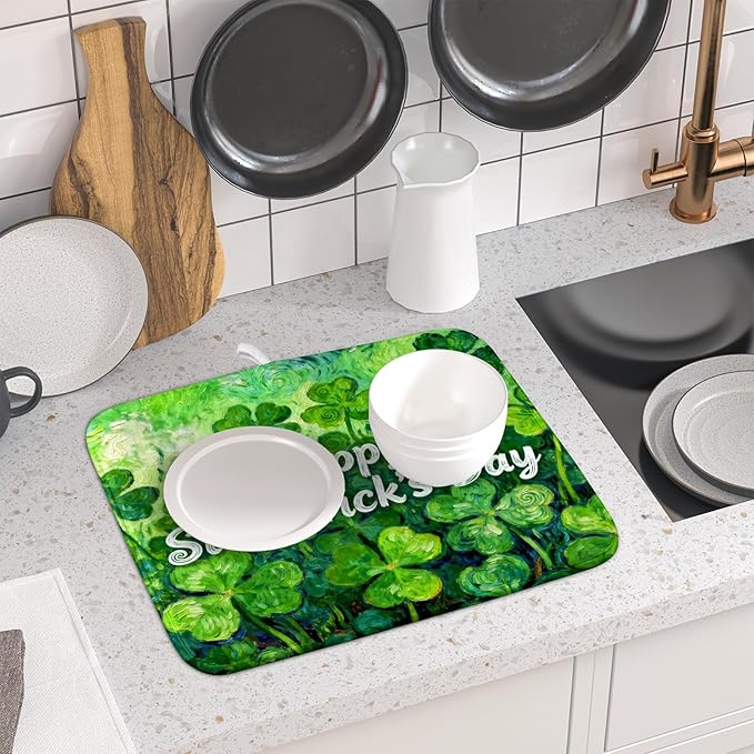 St Patricks Day Lucky Clover Dish Drying Mat for Kitchen Counter 16x18 Green Shamrock Happy Holiday Theme Absorbent Reversible Microfiber Drying Mats Kitchen Countertop Protector Dishes Drainer Pad - Image 6