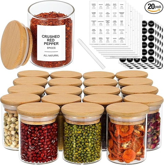 EgticHome 4OZ Glass Spice Jars with Bamboo Lids and 315 Labels, 20 Pcs Clear Food Storage Containers for Kitchen Sugar Salt Coffee Tea Beans by abc
