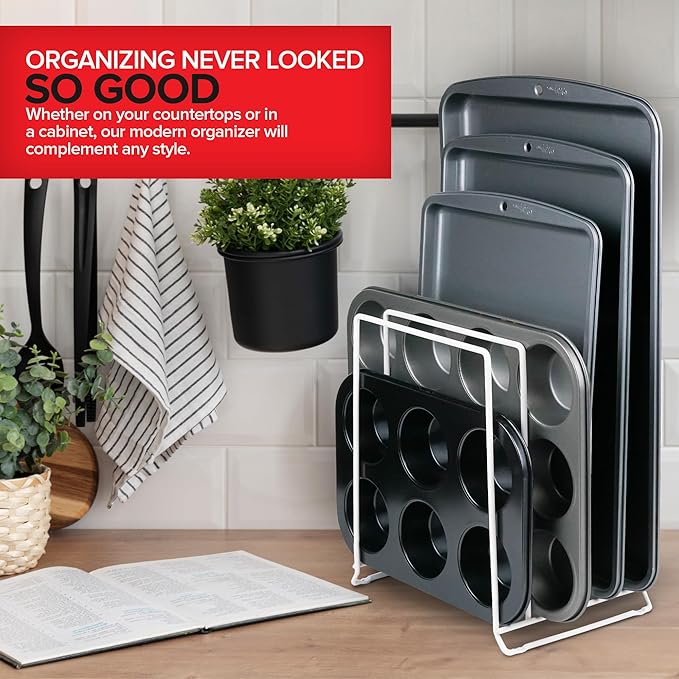 Stock Your Home White (2 Pack) Extra Tall Steel Baking Pan Organizer Rack for Cabinet Storage or Kitchen Counter, Cookie Baking Sheet Organizer with Dividers, Muffin Tin and Cutting Board Holder - Image 7