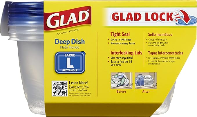 Glad GladWare Deep Dish Food Storage Containers with Lids, Large Rectangle BPA Free Plastic for Soups Salads and Meal Prep, Lock Tight Seal, Microwave Dishwasher Safe, 64 Oz, 3 Count - 6 Pack - Image 3