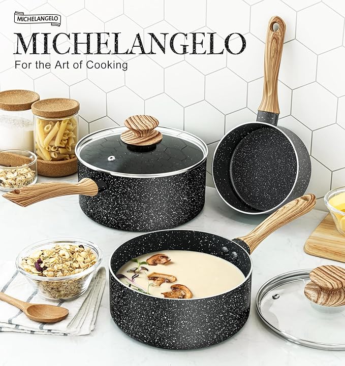 MICHELANGELO Saucepan Set, Nonstick Sauce Pans with Granite Coatings, Stone Sauce Pan with Lids, Non Stick Pot Sets, Sauce Pots 3 Piece, 1Qt, 2Qt & 3Qt - Image 6