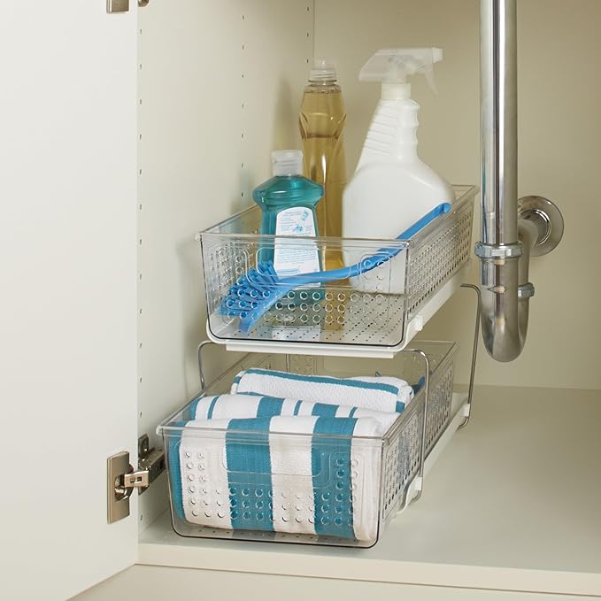 madesmart 2 Tier Organizer, Under Cabinet Storage with Pull Out Sliding Drawers, for Cleaning Supplies, Undersink Storage, Sponges, Bottles & Bath, Adjustable Dividers & Pull Out Baskets, Clear - Image 2