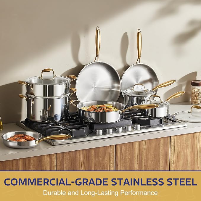 Triple Ply Stainless Steel Pots and Pans Set, EWFEN 12 Piece Induction Cookware Set, Oven Dishwasher Safe | Frying Pans, Saucepans, Saute Pan & Stock Pot, PFOA Free Kitchen Skillet, Gold - Image 6