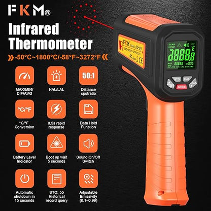 50:1-58°F ~3272°F FKM Infrared Thermometer High Temperature Gun,Non Contact Digital IR Temp Gun,High Precision Laser Thermometer Gun for Cooking,Kilns,Forges,Engine,HVAC,Industrial and Home Repair