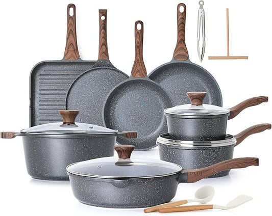 SENSARTE Nonstick Cookware Set Large 23-Piece, Non Stick Pots and Pans Set with Swiss Granite Coating, Healthy Kitchen Cooking Set, Stay-Cool Handles