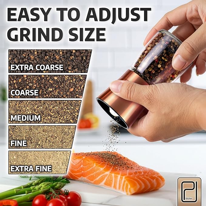 Premium Salt and Pepper Grinder Set with Bamboo Holder - 6 oz, Copper Stainless Steel - S&P Spice Shakers - Refillable & Adjustable Coarseness Hand Mill for Spices & Seasonings - by PJC-Kitchen - Image 6