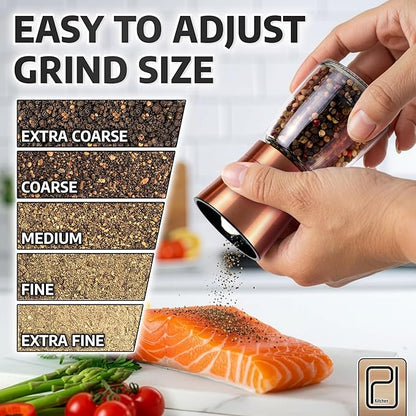 Premium Salt and Pepper Grinder Set with Bamboo Holder - 6 oz, Copper Stainless Steel - S&P Spice Shakers - Refillable & Adjustable Coarseness Hand Mill for Spices & Seasonings - by PJC-Kitchen - Image 6