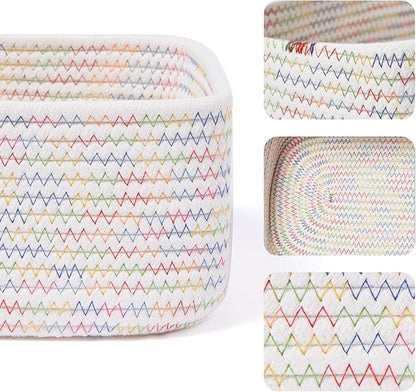 MiniArk Small Storage Baskets for Organizing | Closet Organizer Bins | Shelf Toy Basket | Woven Rope Baskets | Cube Decorative Box | Shallow Basket | 11.5x7.5x4.7” | 3 Packs Rainbow