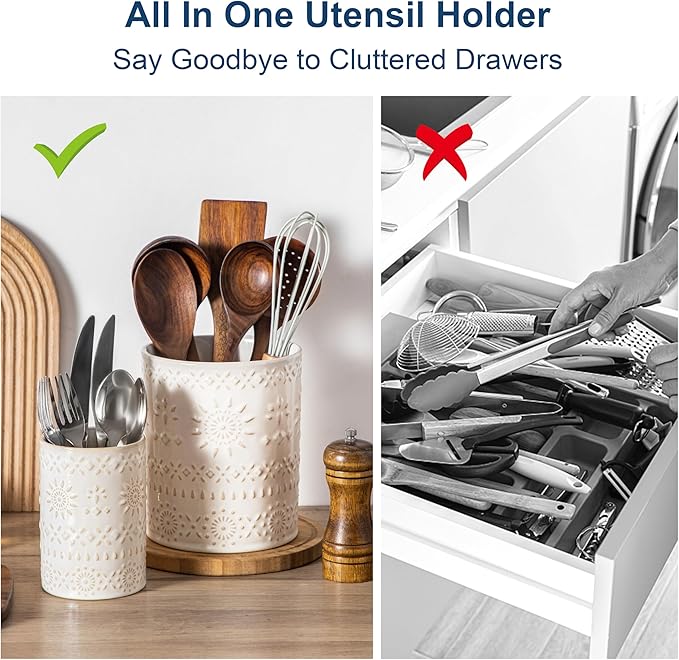 LOVECASA Utensil Holder, 7.2"+5.4" Ceramic Utensil Holder for Countertop, Large Cooking Utensil Crocks for Kitchen Counter, Farmhouse Utensil Vase for Housewarming, Kitchen Decor, Set of 2, Oasis - Image 3