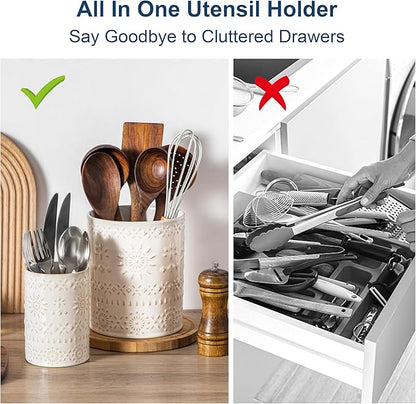 LOVECASA Utensil Holder, 7.2"+5.4" Ceramic Utensil Holder for Countertop, Large Cooking Utensil Crocks for Kitchen Counter, Farmhouse Utensil Vase for Housewarming, Kitchen Decor, Set of 2, Oasis - Image 3