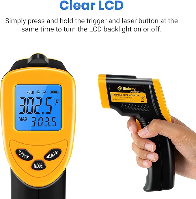 Etekcity Infrared Thermometer Laser Temperature Gun 1080, -58°F~ 1130°F for Meat Food Candy Pizza Oven, Heat Gun for Cooking, Kitchen, Fridge, Reptile, BBQ, HAVC, Adjustable Emissivity & Max Measure - Image 11