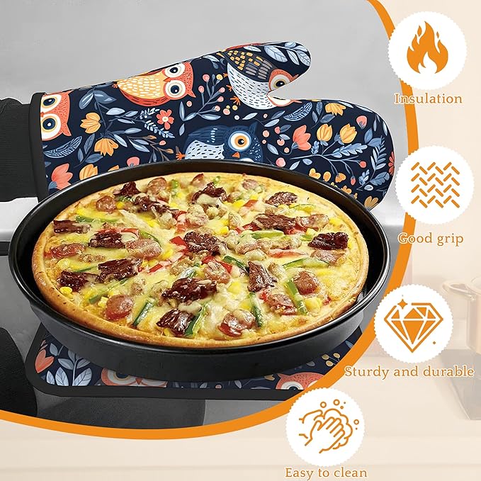 Colorful Cute Owl Oven Mitts and Pot Holders,Heat Resistant Oven Mitts Gloves and Pot Holder for Home Kitchen Decorations Cooking Baking BBQ Gifts,Set of 4