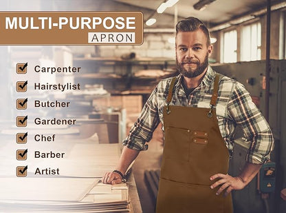 RUVANTI Work Aprons for Men, Oil & Water Repellent, PolyCotton Cross Back Aprons for Women with Pockets, Adjustable up to XXL, Chef Aprons for Cooking, Grilling, Welding, Woodworking - Brown Aprons