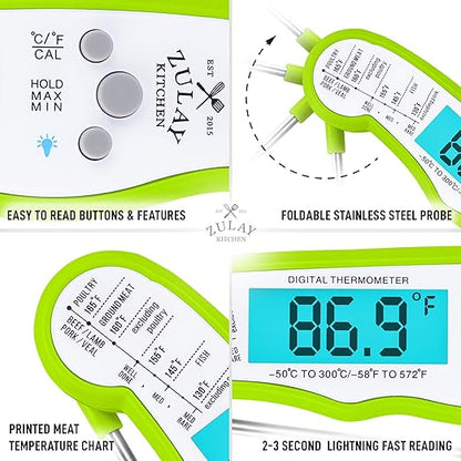 Zulay Instant Read Food Thermometer - Waterproof Digital Meat Thermometer with Backlight, Calibration & Internal Magnetic Mount - Cooking Thermometer for Meat, Kitchen, BBQ & Grill (Green)