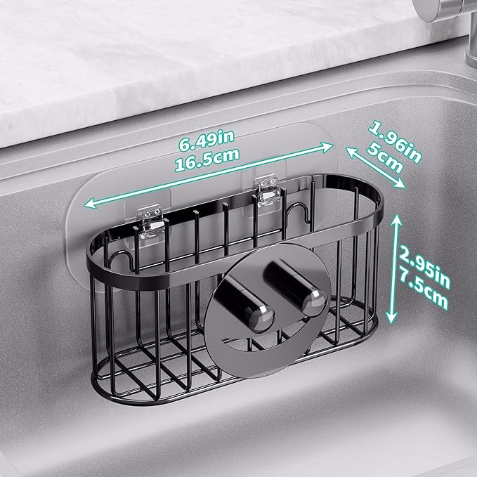 HapiRm Sink Caddy Sponge Holder - 2 Installation Ways Kitchen Sink Organizer with Smiley Face Sponge Holder, Stainless Steel Kitchen Caddy - Black - Image 5