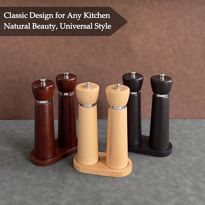 TLYSXPRO Wooden Pepper Grinder – Refillable Pepper Mill with Adjustable Upgraded Large Size Ceramic Burr – Manual Salt Grinder with Beech Wood Body – 8.3” Tall (Chocolate Wood)