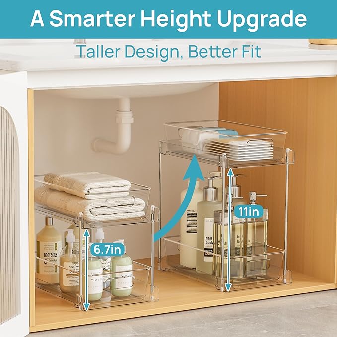Vtopmart 4 Pack Higher Bathroom Organizer, 2 Tier White Under Sink Organizers Vanity Countertop Storage Container,Cabinet Drawers Bins, Pull-Out Organization with Track for Pantry, Kitchen - Image 2