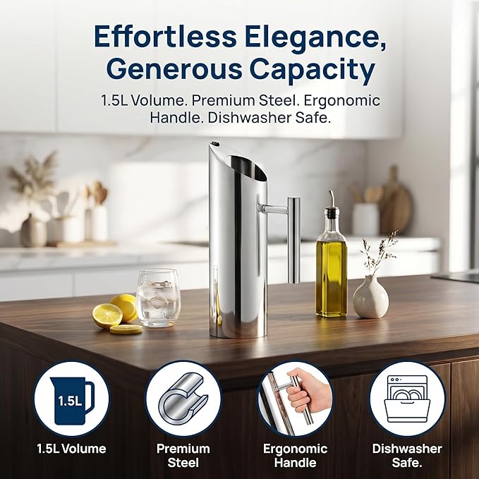 Hiceeden Stainless Steel Water Pitcher, 51oz/1.5L Modern Metal Pitcher with Ice Guard, Silver Carafe Drink Pitcher with Handle, Beverage Container for Iced/Hot Tea, Juice, Coffee, Milk - Image 4
