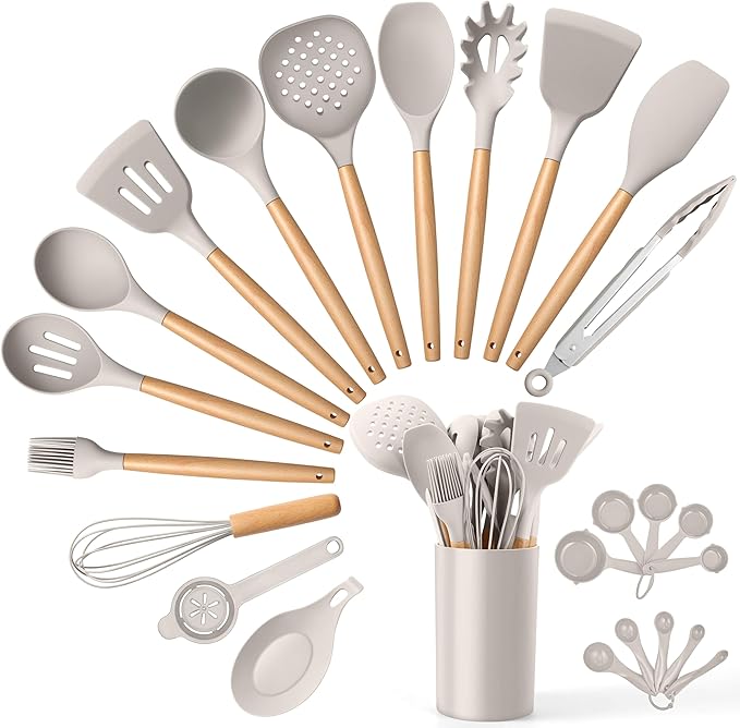 E-far Silicone Kitchen Utensils Set with Holder, 25-Piece Cooking Utensil Set with Wooden Handle for Nonstick Cookware, 446°F Heat Resistant Kitchen Tool Spatula Tong Whisk, Non-toxic & Healthy, Khaki by E-far