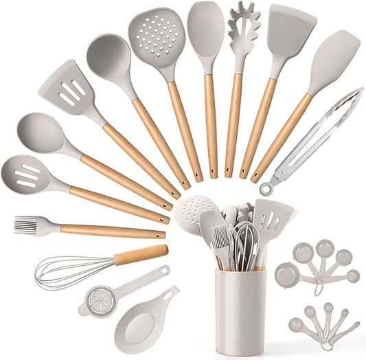 E-far Silicone Kitchen Utensils Set with Holder, 25-Piece Cooking Utensil Set with Wooden Handle for Nonstick Cookware, 446°F Heat Resistant Kitchen Tool Spatula Tong Whisk, Non-toxic & Healthy, Khaki by E-far