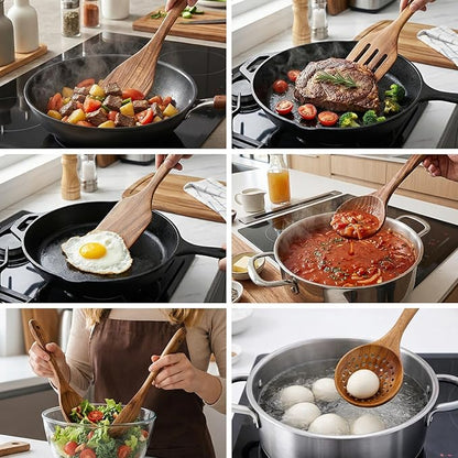 7 Pcs Acacia Wood Cooking Utensils Set Large Wooden Spoons for Cooking Spatula Salad Mixing Spoon Non Toxic Utensil for Kitchen Use Spatulas Non Stick Turner Slotted Serving Spoon Kitchen Utensils - Image 6