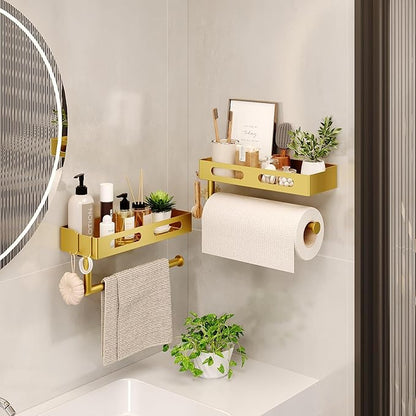 Paper Towel Holder Wall Mount for Kitchen, Paper Towel Holder with Shelf for Bathroom, RV Paper Towel Rack with 2 Hooks, Gold