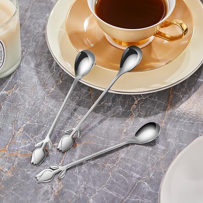 Silver Tulip/Rose Handle 12-Pcs Mini Coffee Spoons Set - 6" Stainless Steel for Espresso, Tea, Dessert - Ideal for Demitasse & Small Servings - Image 4