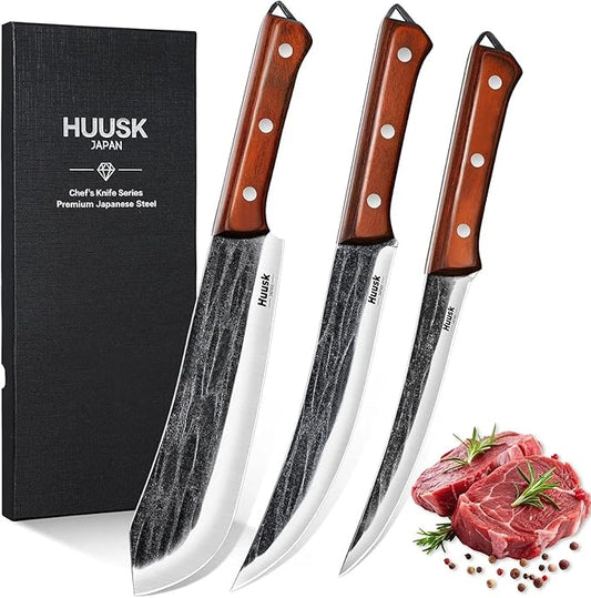 Huusk Butcher Knife Set for Meat Cutting, 3PCS Carving BBQ Brisket Knives, Hand-forged Kitchen Knive Set with Ergonomic Handle, Christmas Gifts for Men Women by HuuskKnife