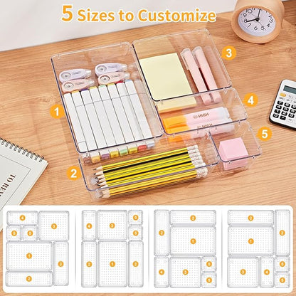 SMARTAKE 22-Piece Drawer Organizer with Non-Slip Silicone Pads, 5-Size Clear Desk Drawer Organizer Trays Storage Tray for Makeup, Jewelries, Utensils in Bedroom Dresser, Office and Kitchen, Clear - Image 8