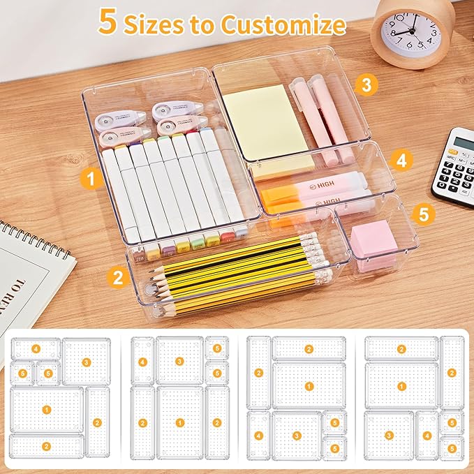 SMARTAKE 13-Piece Drawer Organizers with Non-Slip Silicone Pads, 5-Size Desk Bathroom Drawer Organizer Trays Storage Tray for Makeup, Jewelries, Utensils in Bedroom Dresser, Office and Kitchen, Clear - Image 8
