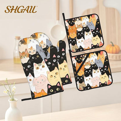 Cute Cats Oven Mitts with Matching Potholders - Heat Resistant Kitchen Accessories for Baking, Grilling, Cooking, Gifts for Women
