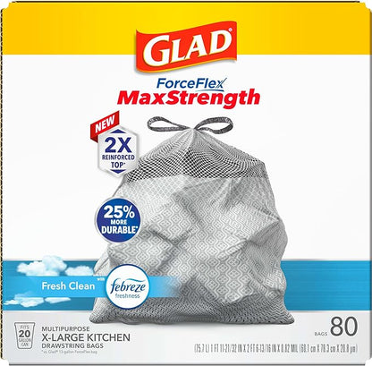 Glad ForceFlex MaxStrength Kitchen Trash Bags, 20 Gal, Fresh Clean Febreze, 80 Ct (Package May Vary) (Pack of 3)