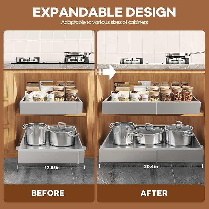 Seinloes 4Pack Expandable Pull Out Cabinet Organizer 21" Deep with Raising Pad for Framed Cabinets,Slide Out Drawers with 4pcs Divider Racks,Roll Out Shelves,Adjustable Width 12.05"-20.4" Silver - Image 3