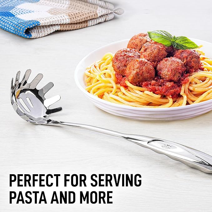 Zulay Kitchen Stainless Steel Spaghetti Spoon - 12” Pasta Spoon with Teeth & Draining Holes - Rust-Resistant Pasta Fork for Noodles & Pasta - Dishwasher Safe Utensil for Everyday Use - Image 5