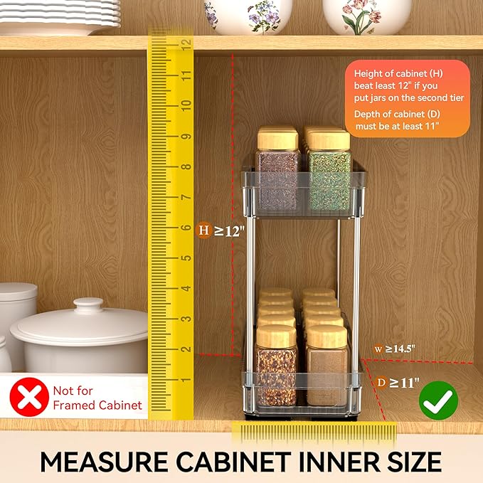 DABIGE 3 Pack Pull Out Spice Rack Organizer for Cabinet, 2 Tier Slide Out Spice Racks Organizer, Spice Cabinet Organizers, Cabinet Size Need:12'' High x 11'' Deep x 5'' Wide, Clear Acrylic - Image 5