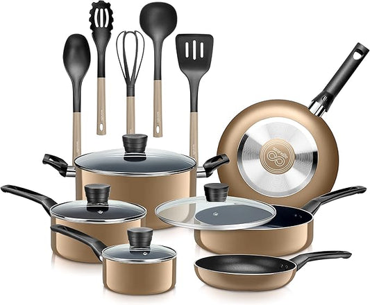 SereneLife Kitchenware Pots & Pans Basic Kitchen Cookware, Black Non-Stick Coating Inside, Heat Resistant Lacquer (15-Piece Set), One Size, Gold by SereneLife