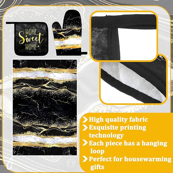 Leinuosen 8 Pcs Black Marble Kitchen Decor Dish Towels and Oven Mitts Sets Pot Holders and Dishcloths Farmhouse Kitchen Accessories Decorative Set for Chef Baking Cooking Daughter Mom Gift