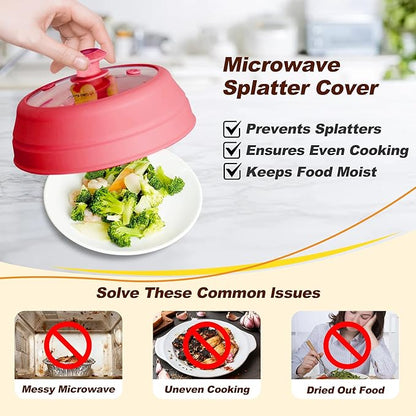 Microwave Splatter cover, Glass Microwave Cover for Food, Guard Lid with Collapsible Silicone for 6-8 inch Plates & Bowls, Dishwasher Safe, Heat Resistant, BPA-Free, 9 inch Red