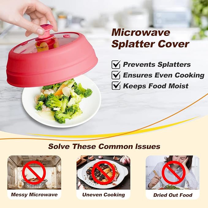 Microwave Splatter cover, Glass Microwave Cover for Food, 10.8 inch Guard Lid with Collapsible Silicone for 6-10 inch Plates & Bowls, Dishwasher Safe, 450°F Heat Resistant, BPA-Free, Red