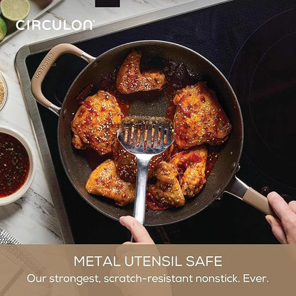 Circulon A1 Series with ScratchDefense Technology Nonstick Induction Pots and Pans, Metal Utensil Safe, Includes Splatter Guard, Slotted Turner and Silicone Trivets, 10 Piece Cookware Set - Champagne - Image 3