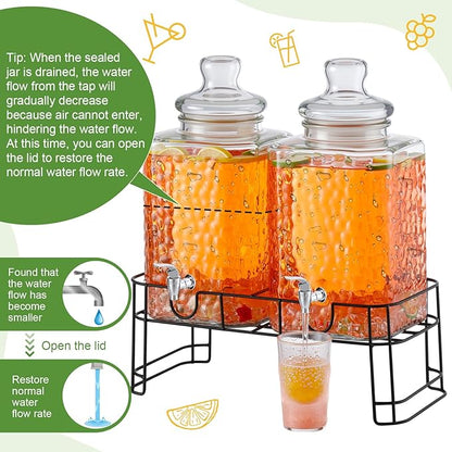 Honeydak 1.5 Gallon Glass Beverage Dispenser with Stand Stainless Steel Spigot Glass Lid Clear Iced Juice Container Leakproof Drink Dispenser Countertop Lemonade Water Jar for Wedding Party (2 Pack)